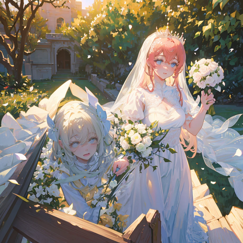 a beautiful bride in a garden, long white wedding dress, elaborate floral crown, holding a bouquet, sunlight streaming through the trees, romantic, dreamy, pastel colors, cinematic, (best quality,4k,8k,highres,masterpiece:1.2),ultra-detailed,(realistic,photorealistic,photo-realistic:1.37),soft focus,beautiful detailed eyes,beautiful detailed lips,extremely detailed eyes and face,longeyelashes,wedding ceremony,intimate moment,glowing skin,natural lighting