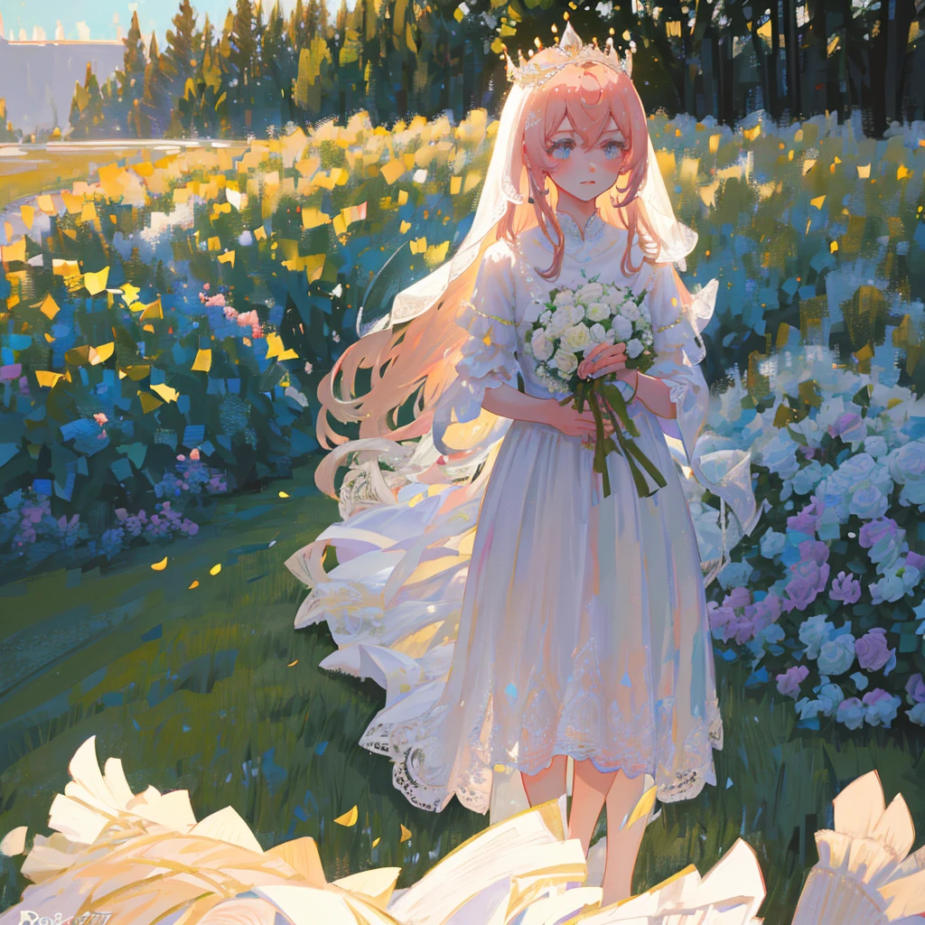 a beautiful bride in a garden, long white wedding dress, elaborate floral crown, holding a bouquet, sunlight streaming through the trees, romantic, dreamy, pastel colors, cinematic, (best quality,4k,8k,highres,masterpiece:1.2),ultra-detailed,(realistic,photorealistic,photo-realistic:1.37),soft focus,beautiful detailed eyes,beautiful detailed lips,extremely detailed eyes and face,longeyelashes,wedding ceremony,intimate moment,glowing skin,natural lighting