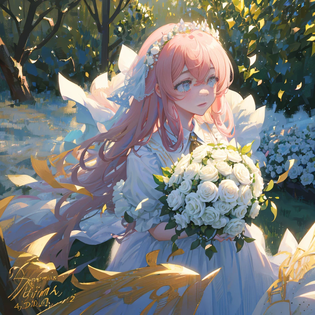 a beautiful bride in a garden, long white wedding dress, elaborate floral crown, holding a bouquet, sunlight streaming through the trees, romantic, dreamy, pastel colors, cinematic, (best quality,4k,8k,highres,masterpiece:1.2),ultra-detailed,(realistic,photorealistic,photo-realistic:1.37),soft focus,beautiful detailed eyes,beautiful detailed lips,extremely detailed eyes and face,longeyelashes,wedding ceremony,intimate moment,glowing skin,natural lighting