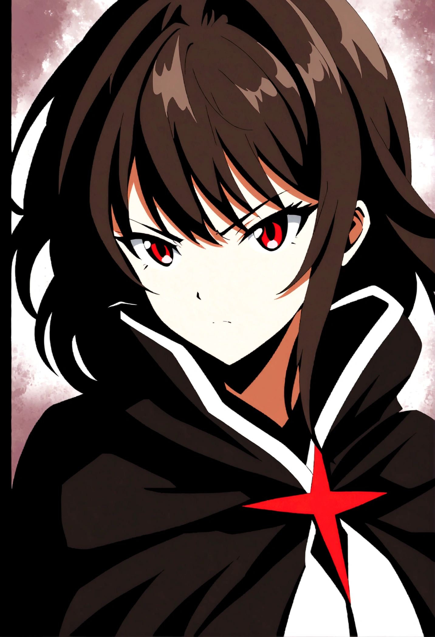 anime style diffusion, upper body, (face to the side 0.3), girl with long messy brown hair bright red eyes, (open eyes 0.5), (serious face 0.1), black majestc cloak with red details, upper light, high contrast , 2D style, photoshop, cinematic
