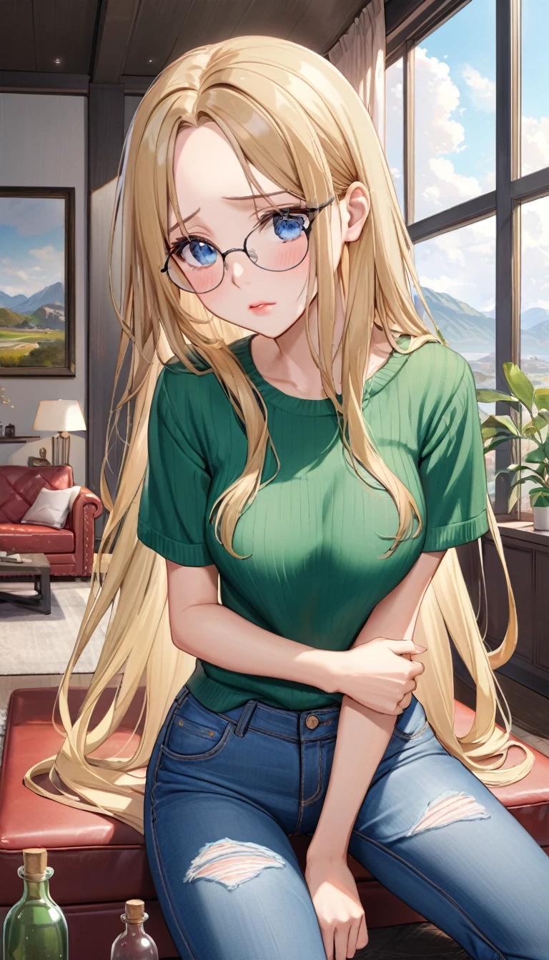 ((best quality, masterpiece:1.3, 8K)), (detailed), highly detailed face and skin texture, detailed eyes, living room, window, empty bottles, full body, (slender body:1.1), 1girl, 25 years old, white skin, blue eyes, reading glasses, bright lips, worried, embarrassed, blonde hair, straight hair, long hair, (forehead:1.0), green sweater, hard nipples, jeans pants, skinny jeans, blue jeans, barefoot, (desperation:1.5, holding crotch:1.2),