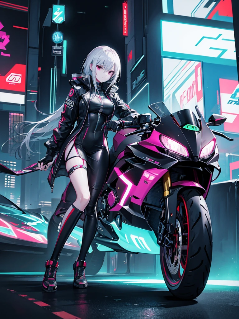 Cyberpunk: A slender girl is driving a futuristic motorcycle, racing through a neon city