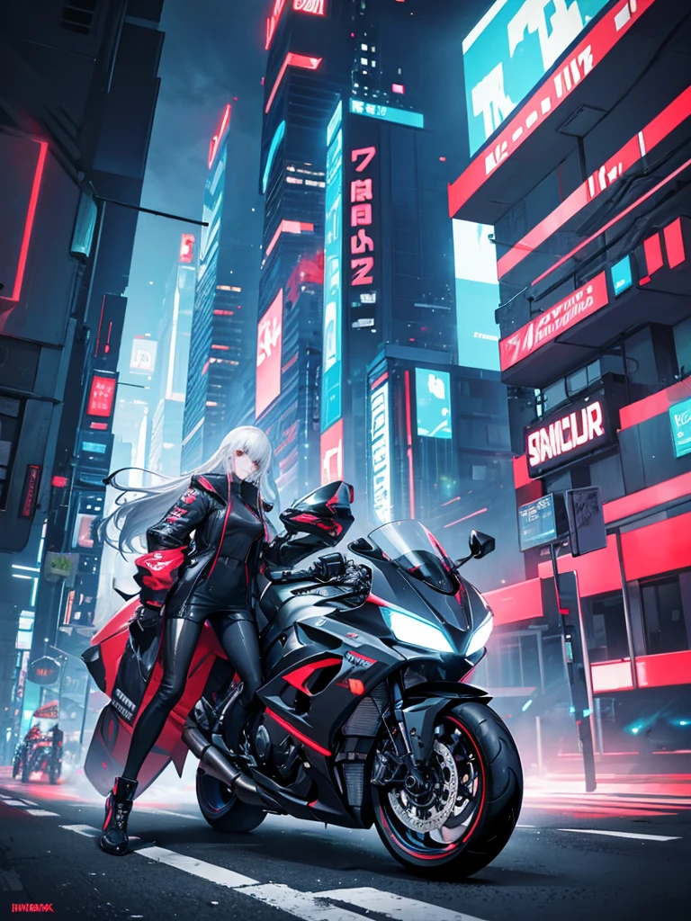 Cyberpunk: A slender girl is driving a futuristic motorcycle, racing through a neon city