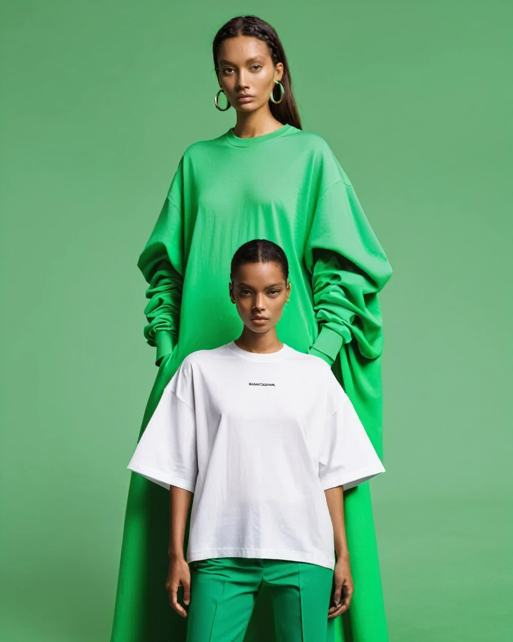 white oversize t-shirt, all green color background,balenciaga concept fashion photo, Paris