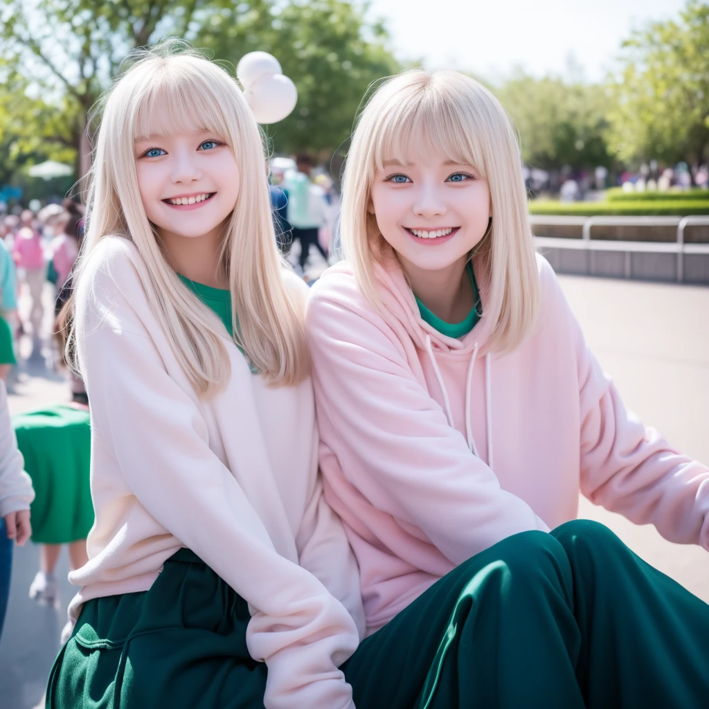 Pale blonde teenage girl with bangs and blue-green eyes soft silky hair, With a white sweatshirt and black pants, smiling with her small, pink lips taking a photo distractedly at an amusement park in Disney