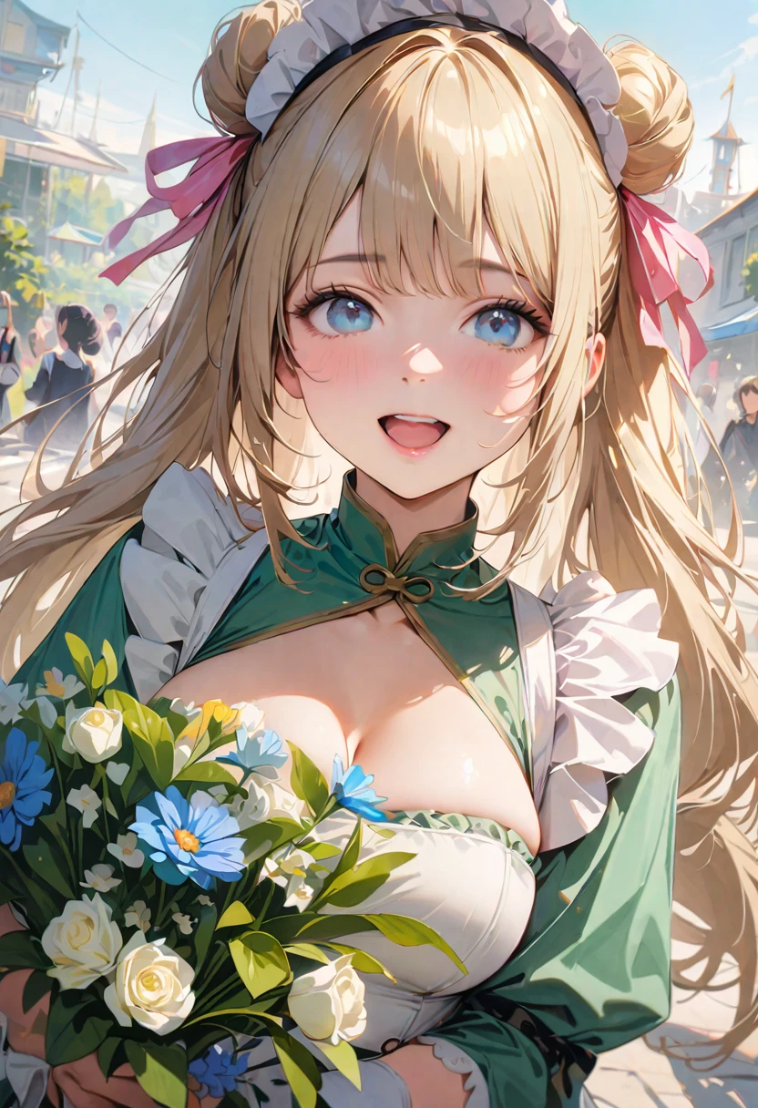 30 years old,1 mature woman,hyperrealistic, 8k, (extremely detailed 8k), (very delicate and beautiful), (masterpiece), (better quality:1.0), (ultra high resolution:1.0), (masterpiece, best quality), cute,blonde,cleavage cutout,(broen dress:1.3),(crop top navel:1),gleaming skin,twintails,twin bun,a pink ribbon on the head,long hair,pastel green chinese maid dress,pastel green chinese dress,white long gloves,hold a bouquet of flowers,face and body straight at the camera,a bunch of flowers,POV,bust shot,white frill,puffy sleeves,laugh with open mouth,tareme,sky blue eyes,short truffle half apron,a gold buckle,white corset