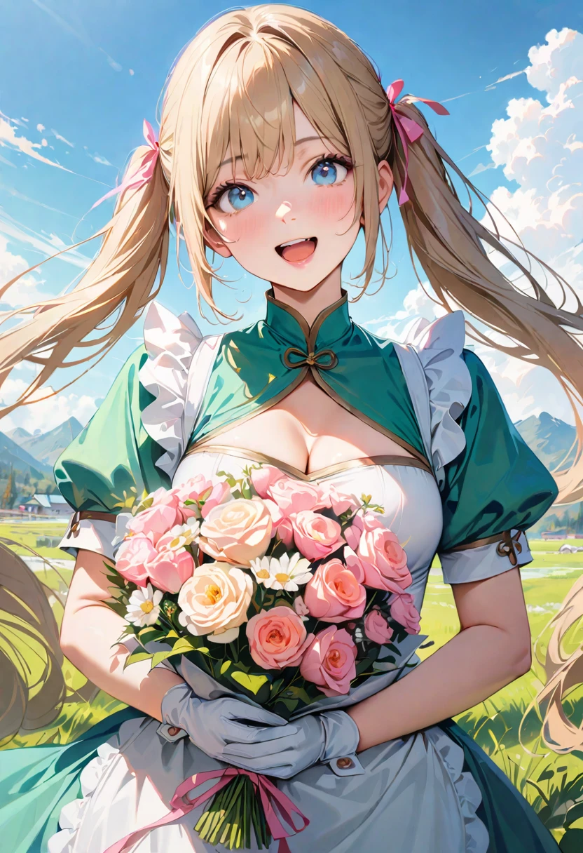 30 years old,1 mature woman,hyperrealistic, 8k, (extremely detailed 8k), (very delicate and beautiful), (masterpiece), (better quality:1.0), (ultra high resolution:1.0), (masterpiece, best quality), cute,blonde,cleavage cutout,(broen dress:1.3),(crop top navel:1),gleaming skin,twintails,twin bun,a pink ribbon on the head,long hair,pastel green chinese maid dress,pastel green chinese dress,white long gloves,hold a bouquet of flowers,face and body straight at the camera,a bunch of flowers,POV,bust shot,white frill,puffy sleeves,laugh with open mouth,tareme,sky blue eyes,short truffle half apron,a gold buckle,white corset