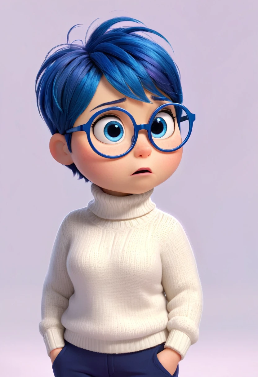 Sadness (a chubby character in the movie "Inside Out" with blue short hair, light blue white long-sleeved turtleneck sweater, navy blue pants and slippers, and dark purple round glasses.) is sad, looking up and tear up, tear on the cheek, about to cry, sad, 