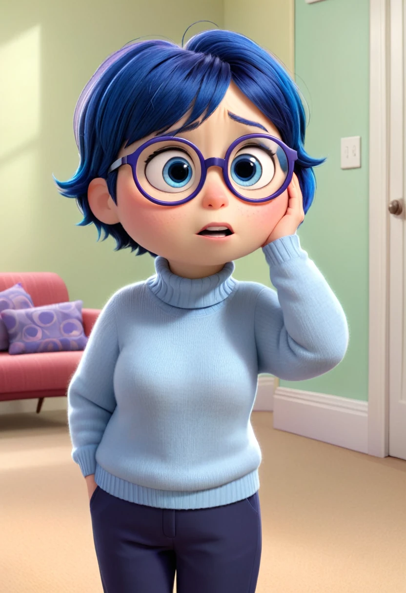 Sadness (a chubby character in the movie "Inside Out" with blue short hair, light blue white long-sleeved turtleneck sweater, navy blue pants and slippers, and dark purple round glasses.) is sad, looking up and tear up, tear on the cheek, about to cry, sad,