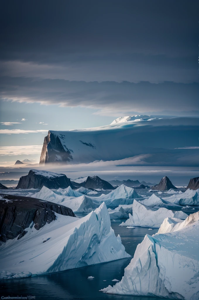 a stunning icefjord landscape in disko bay, greenland, massive glaciers and icebergs,serene calm waters, dramatic lighting, dramatic clouds, cold crisp colors, ethereal atmosphere, cinematic composition, stunning details, ultrarealistic, photorealistic, 8k, masterpiece