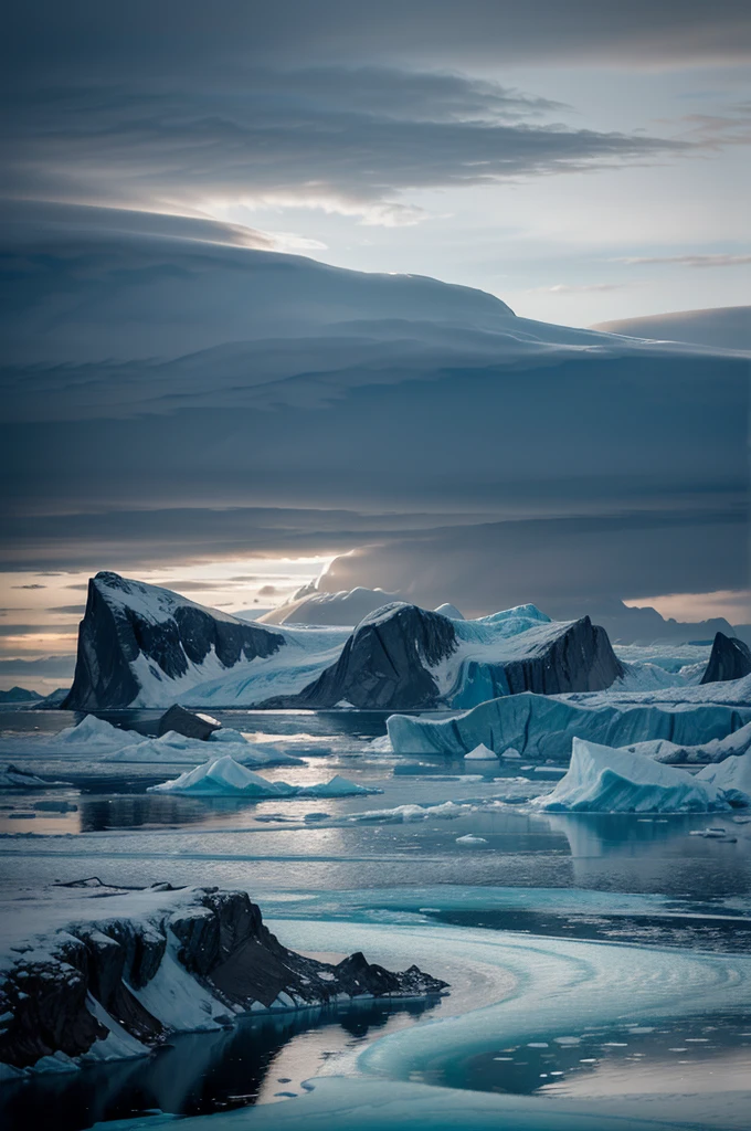 a stunning icefjord landscape in disko bay, greenland, massive glaciers and icebergs,serene calm waters, dramatic lighting, dramatic clouds, cold crisp colors, ethereal atmosphere, cinematic composition, stunning details, ultrarealistic, photorealistic, 8k, masterpiece