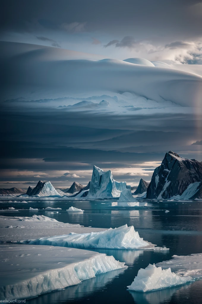 a stunning icefjord landscape in disko bay, greenland, massive glaciers and icebergs,serene calm waters, dramatic lighting, dramatic clouds, cold crisp colors, ethereal atmosphere, cinematic composition, stunning details, ultrarealistic, photorealistic, 8k, masterpiece