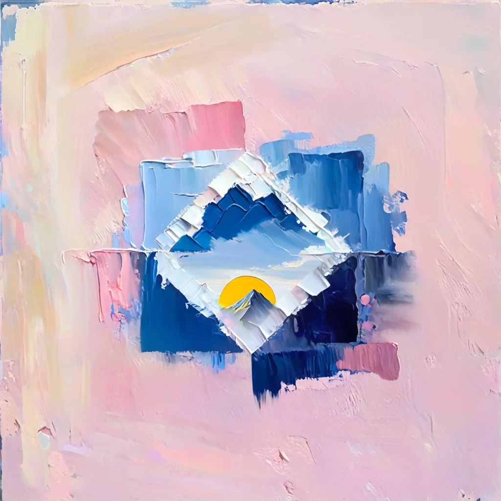 a thick textured oil painting, impasto brushstrokes, dry brushing,revealing underlayers, abstract landscape, moody lighting, dramatic shadows, muted earthy colors, vibrant colors, highly detailed, masterpiece, using a palette of light pink, muted blue, dark grayish blue, bright blue, very dark gray, and light grayish blue shade of emotion
