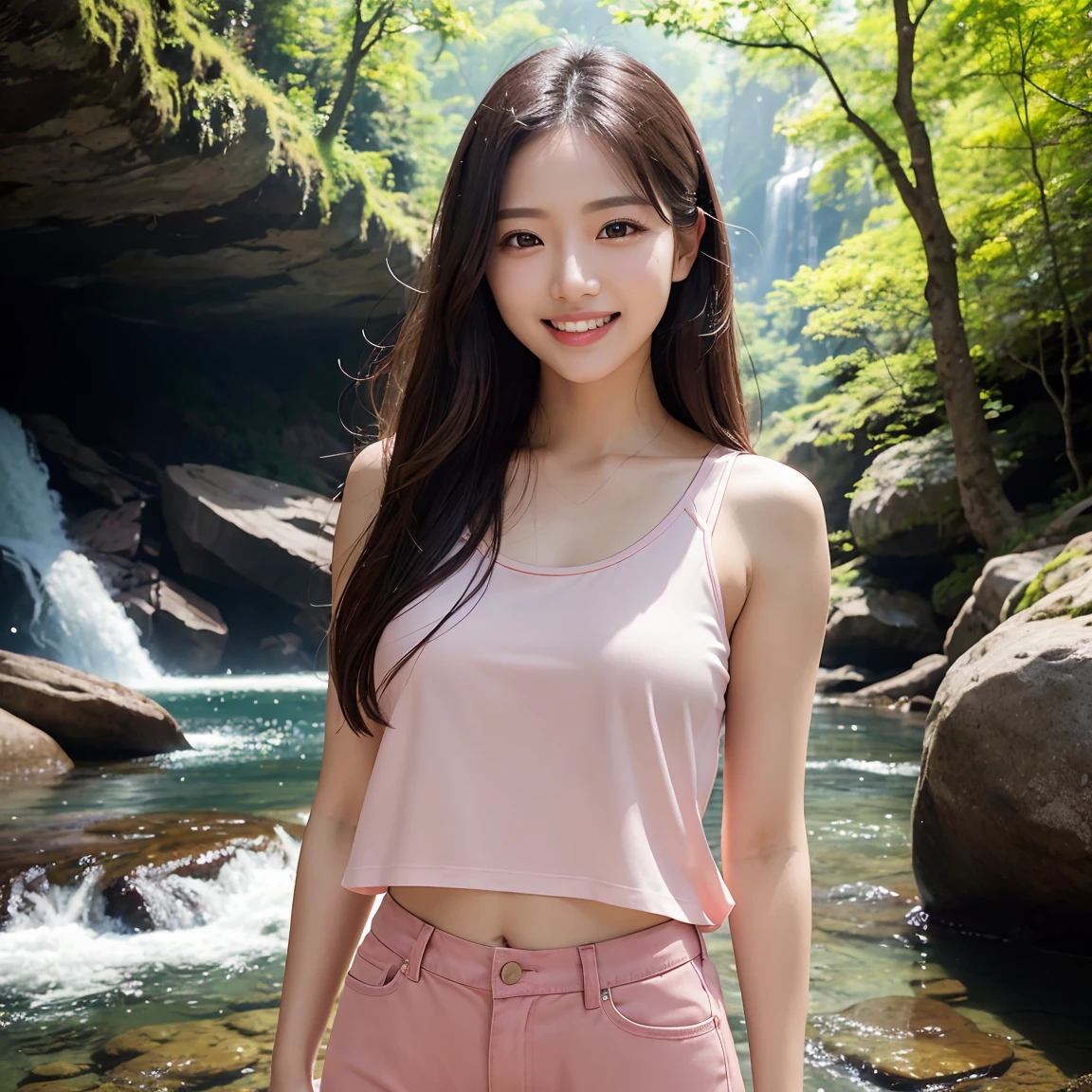 (Highest quality、masterpiece、8K、Best image quality、Hyperrealism、Award-winning works)、(1 female:1.3)、(people々Photo of:1.3)、Have、(Light pink tank top shirt:1.1)、(Damage shorts:1.1)、Standing Elegantly、Huge waterfall、Beautiful and spectacular waterfall、Carbonated water、Light fog、Blurred Background、Detailed and intricate forest、In the mysterious and majestic forest、たくさんの美しいwood々々、Big Rock、Rock Wall、Majestic nature、Woman in the majestic forest、wood々Beautiful sunlight shining through the gaps、Beautiful clear water、The best smile you ever had when you saw me、上半身Photo of、Accurate anatomy、Natural Makeup、Ultra-high definition glossy skin、Ultra-high definition, radiant skin、Ultra-high definition glossy lips、Ultra-high definition beautiful teeth