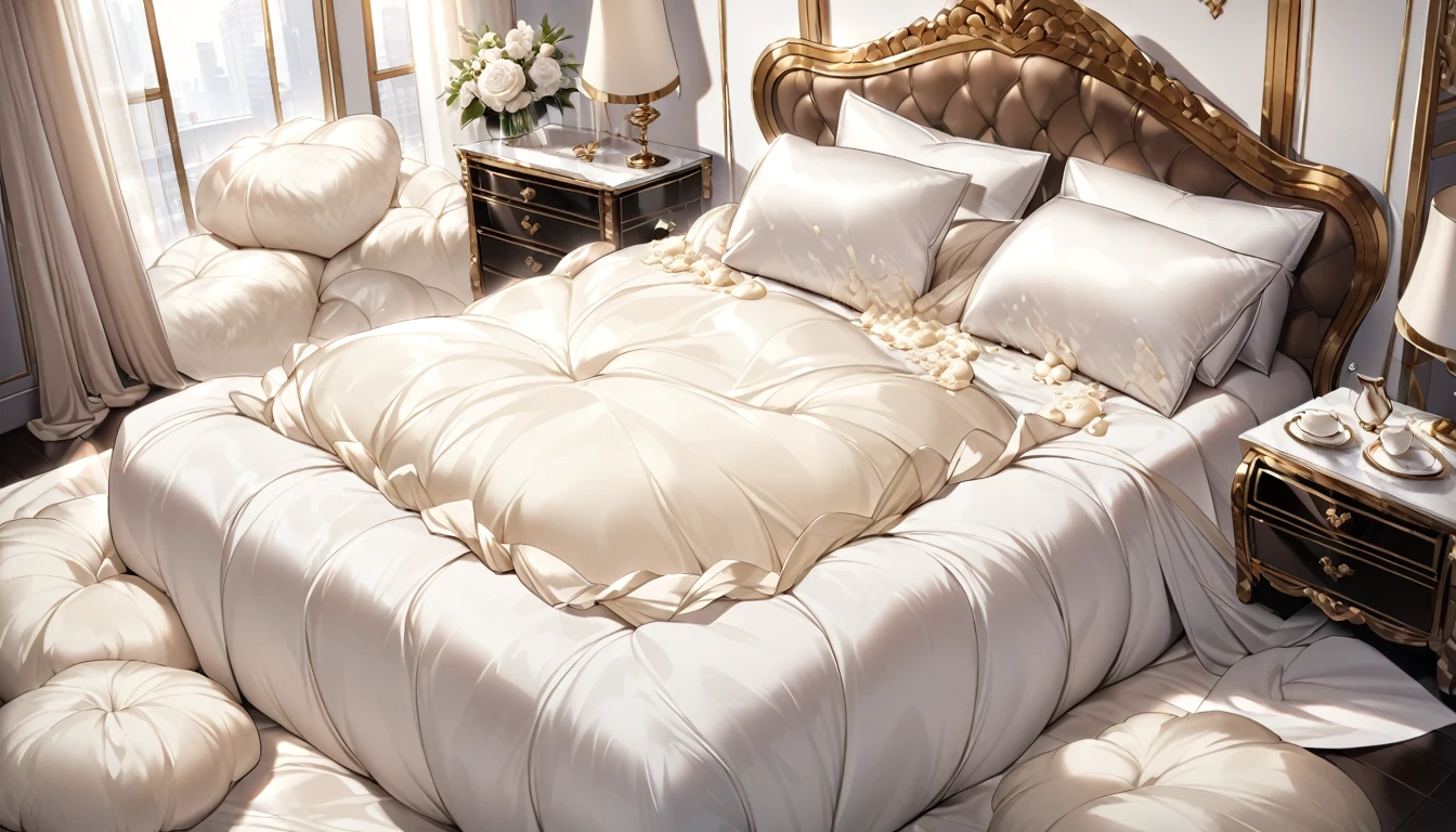 Lots of giant silk pillows. Luxurious and fluffy silk bed. White chocolate sauce splattered. Huge fluffy silk duvet