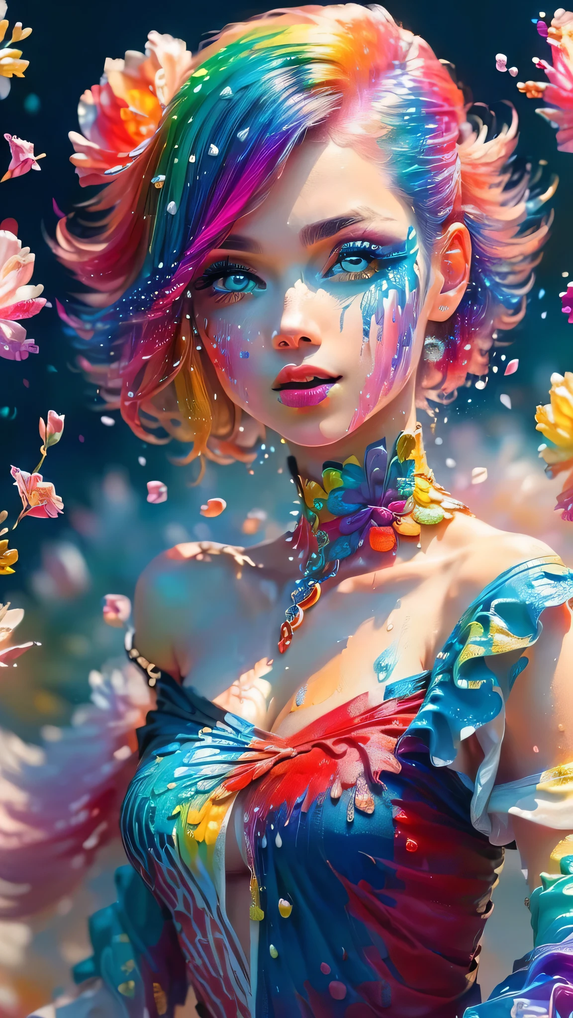 (Pink Fashion T-shirt:1.9),(Colorful hair: 1.8), (all the colours of the rainbow: 1.8),(((((vertical painting:1.6))), (painting:1.6),front, comics, illustrations, paintings, large eyes, crystal clear eyes,( rainbow color gradient high ponytail:1.7), exquisite makeup, closed mouth,(Small Fresh: 1.5),(Wipe Chest: 1.6) ,long eyelashes, white off shoulder T-shirt, White Shoulder Shirt,looking at the audience, large watery eyes, (rainbow colored hair:1.6), color splash, (solo:1.8), color splash, color explosion, thick paint style, messy lines, ((shining)),(colorful), (colorful), (colorful), colorful, Thick Paint Style, (Splash) (Color Splash), Vertical Painting, Upper Body, Paint Splash, Acrylic Pigment, Gradient, Paint, Highest Image Quality, Highest Quality, Masterpiece, Solo, Depth of Field, Face Paint, colorful clothes, (Elegant: 1.2), gorgeous,long hair, wind, (Elegant: 1.3), (Petals: 1.4),(((masterpiece))),(((best quality))),((ultra-detailed)),(illustration),(dynamic angle),((floating)),(paint),((disheveled hair)),(solo),(1girl) , (((detailed anima face))),((beautiful detailed face)),collar,bare shoulders,white hair, ((colorful hair)),((streaked hair)),beautiful detailed eyes,(Gradient color eyes),(((colorful eyes))),(((colorful background))),(((high saturation))),(((surrounded by colorful splashes))),