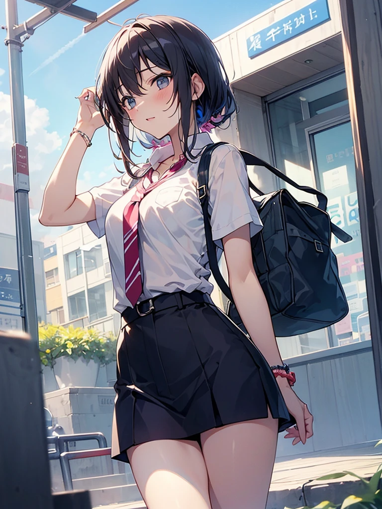 Very detailed, highest quality, masterpiece, gravure body type, medium breasts, moody angle, cowboy shot,( 1girl, solo:1.5), seductive smile, purple eyes, blue hair, short hair, ponytail, white shirt, green plaid skirt, red bow, necktie, purple headdress, purple hair ribbon, detailed panties, unbutton shirt, very detailed background,( school Corridor:1.2),( Skirt rising in the wind, panty shot:1.2), Confident pose,( walking),( Rain clouds, rain:1.3),( wet, wet clothes:1.2)