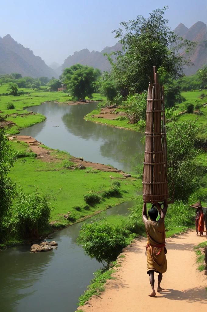 "An Indian water carrier walking along a dirt path, balancing two large pots on a wooden pole across his shoulders, with a serene river in the background and lush green surroundings, traditional Indian village setting."