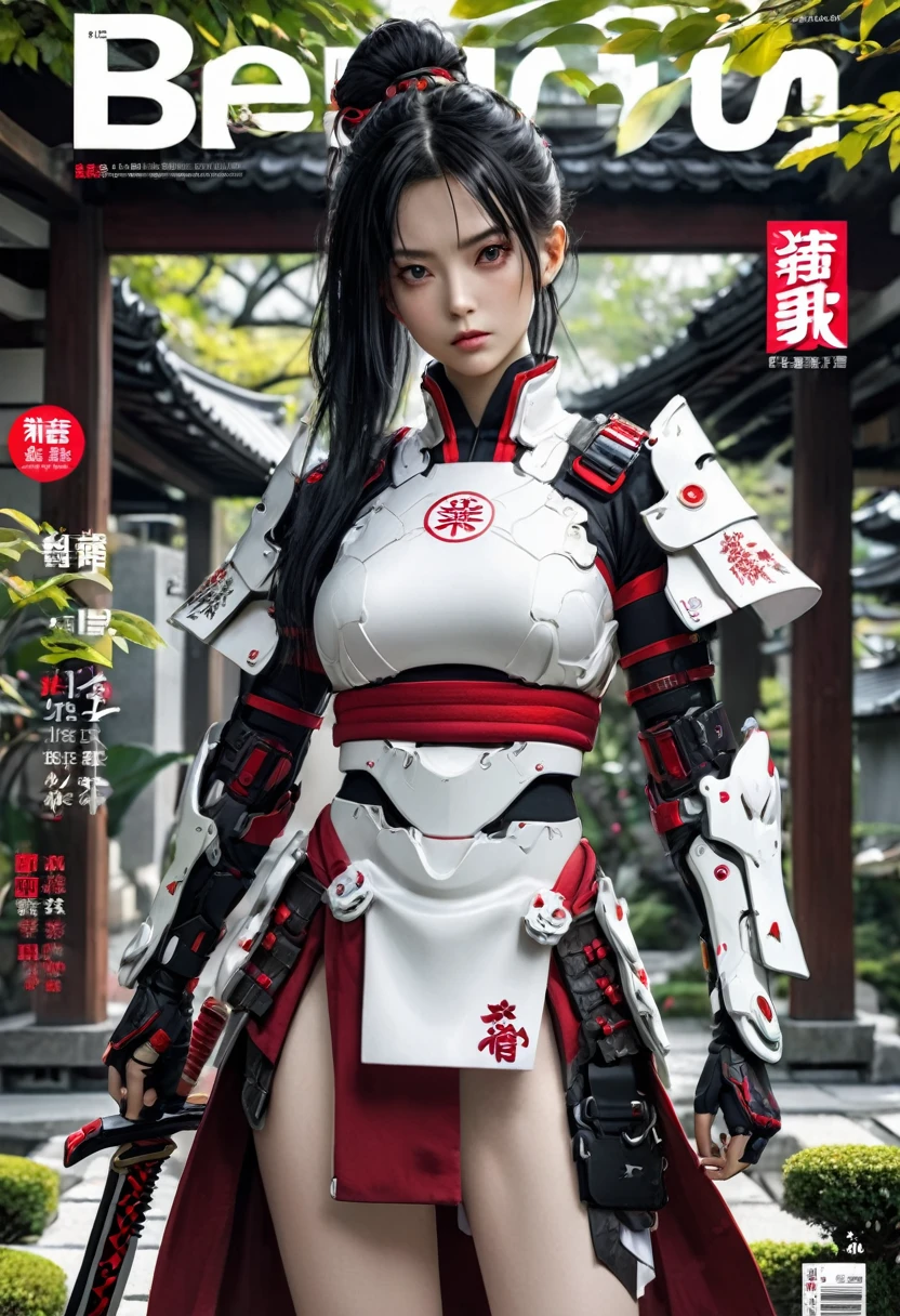 ８K、Very detailed、Cyberpunk art、whole body、Black semi-long hair up、Wearing white and red samurai armor、Holding a sword、Japanese garden、Female Android、Magazine Cover