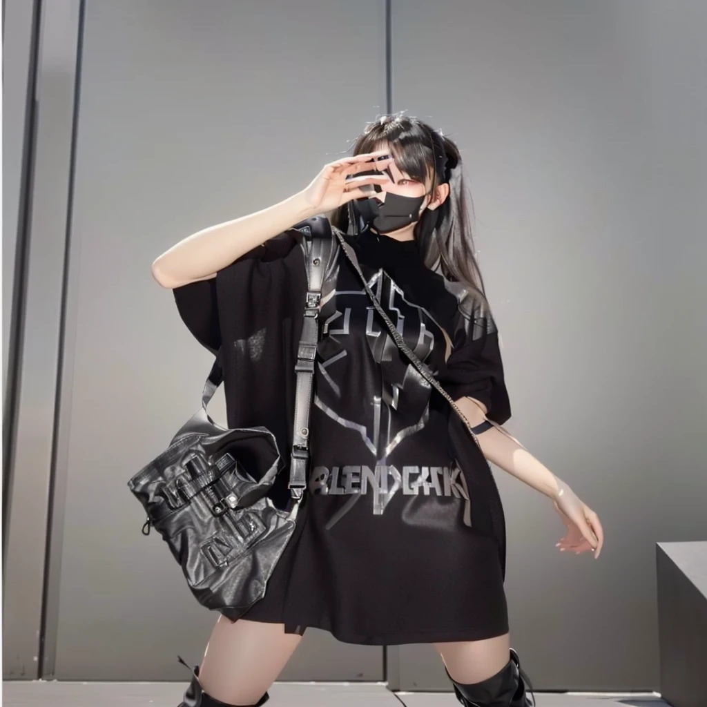A woman wearing a black shirt dress and black knee-high boots, 2020 Fashion, All-black cyberpunk outfit, wearing Cyberpunk Streetwear, Balenciaga Fashion, 19xx, Cyberpunk Streetwear, designer, Black oversized outfit, 2020, 2 0 2 0, 2021, 2 0 2 1, Exclusive, Givenchy, High-end