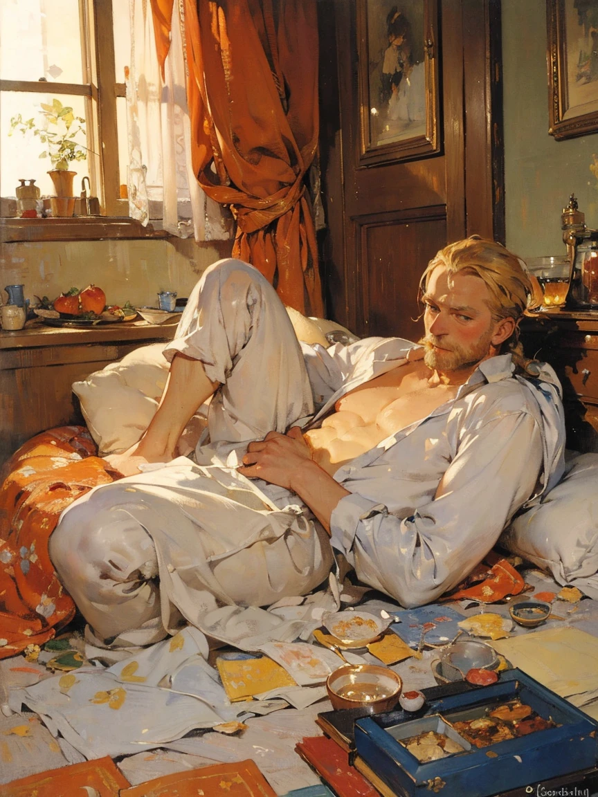 art by (Carl Larsson:1.2),(post-Impressionist),,((oil painting)),soft lighting,COOL, handsome businessman shedding his skin to reveal a buxom ninja woman