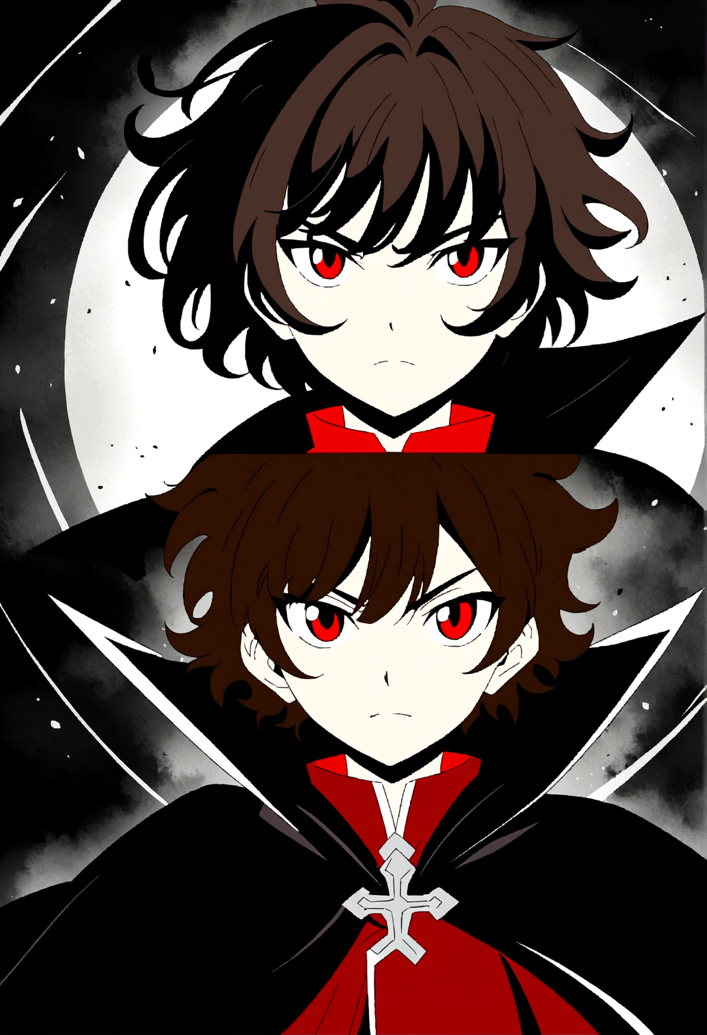 anime style diffusion, upper body, (face to the side 0.3), boy with messy brown hair bright red eyes, (open eyes 0.5), (serious face 0.1), black majestc cloak with red details, upper light, high contrast , 2D style, photoshop, cinematic
