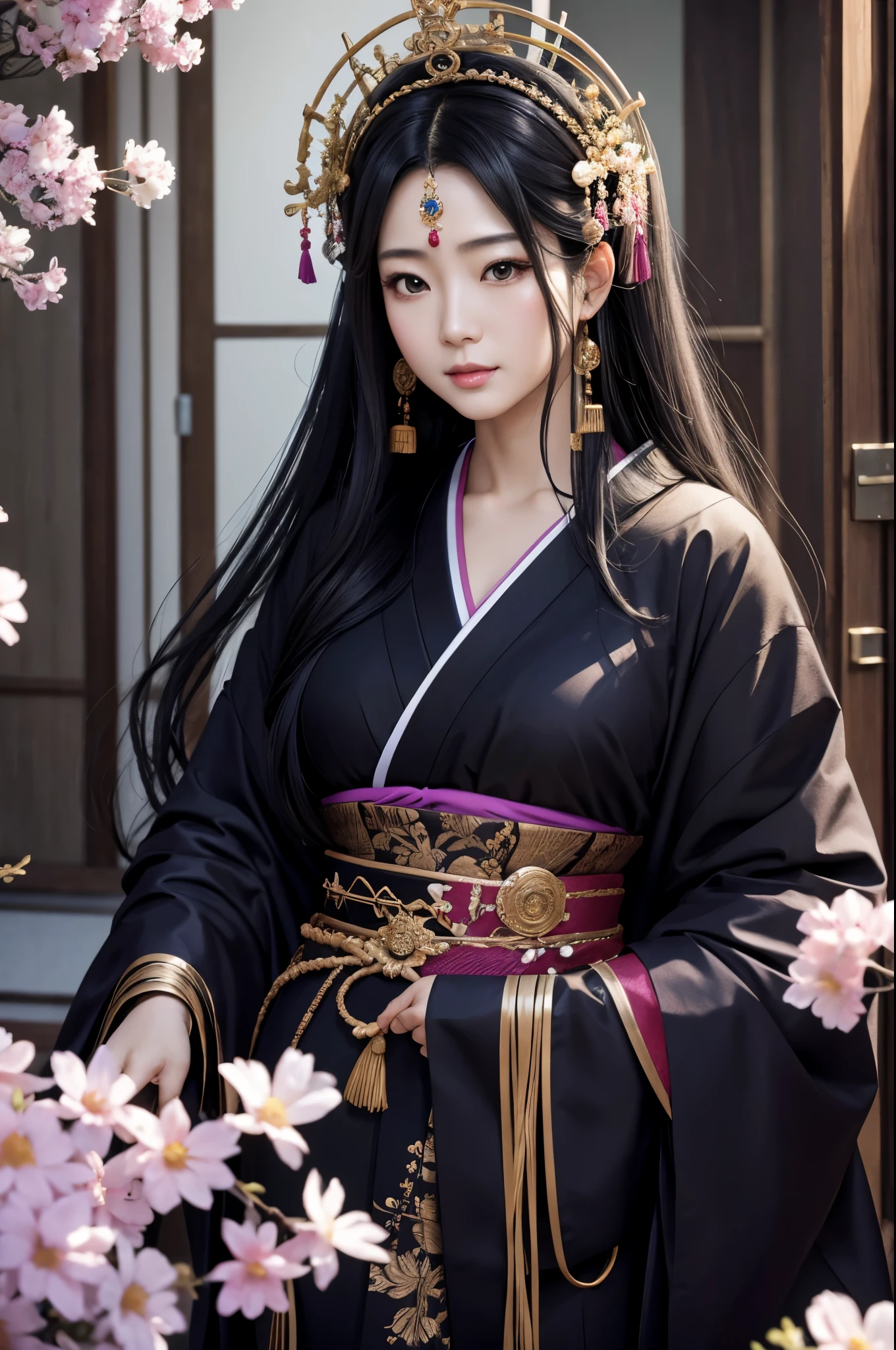 (8K,Photorealistic　to be born写真　Highest quality;1.4) Mature Japanese Goddess,so beautiful(A vivid face) ,(Long black hair),清楚なQueen,Gorgeous black and purple Japanese goddess&#39;Traditional costume of the month,Engage your audience,Beautiful expression,Moist black eyes,Queenのメイクアップ,(Queen),charm,Small breasts,Golden decoration,筋肉質の細い身体のマッチョなQueen,Gorgeous hair ornament,Holding a folding fan,kimono,Black and purple 月のkimono,非常にSmall breasts,Red eyeshadow,Ultra-high resolution,Surreal,Attention to detail,Rich colors, Backlight, Cinema Lighting, Film Grain, to be born, 50mm lens, Nikon D850,smile,Ultra-realistic,Highest qualityのフォトリアリスティックなRAW写真。Bright colors,Image of a perfect woman,Fantasy art,Character Art,background,A room in a large mansion,Extremely stiff abs,Muscular Beauty,Flower Hair Ornaments,Hairpin,