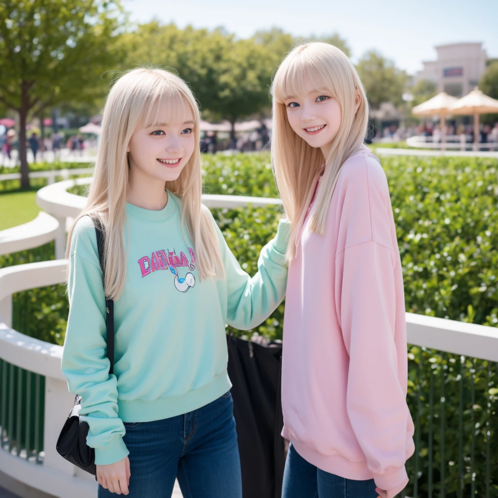 Pale blonde age girl with bangs and blue-green eyes soft silky hair, With a white sweatshirt and black pants, smiling with her small, pink lips taking a photo alone, distracted in an amusement park in Disney