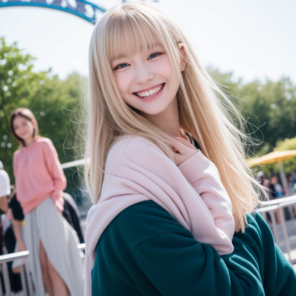 Pale blonde teenage girl with bangs and blue-green eyes soft silky hair, With a white sweatshirt and black pants, smiling with her small, pink lips taking a photo alone, distracted in an amusement park in Disney 