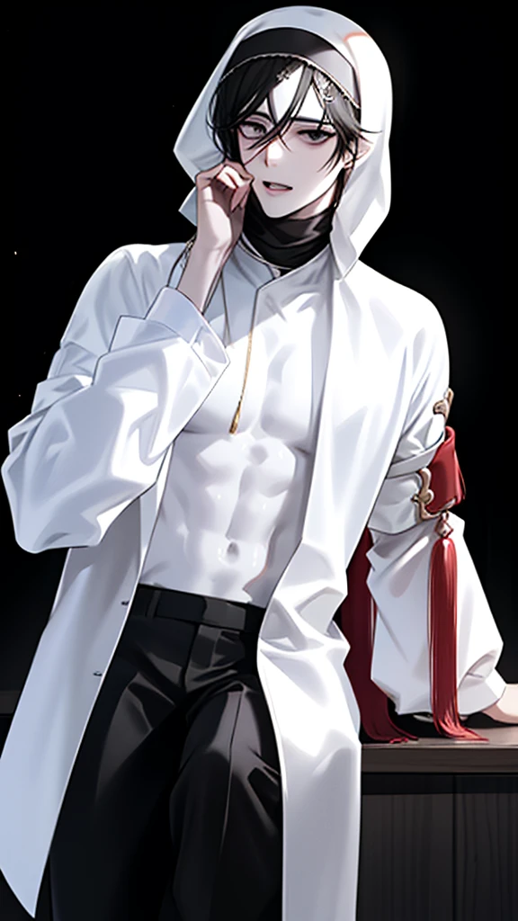 A handsome man, wearing a kaffiyah covering his hair to his face, only showing his eyes, wearing a long shirt, half body, black eyes, HD, 8K, ULTRA HD , Half body