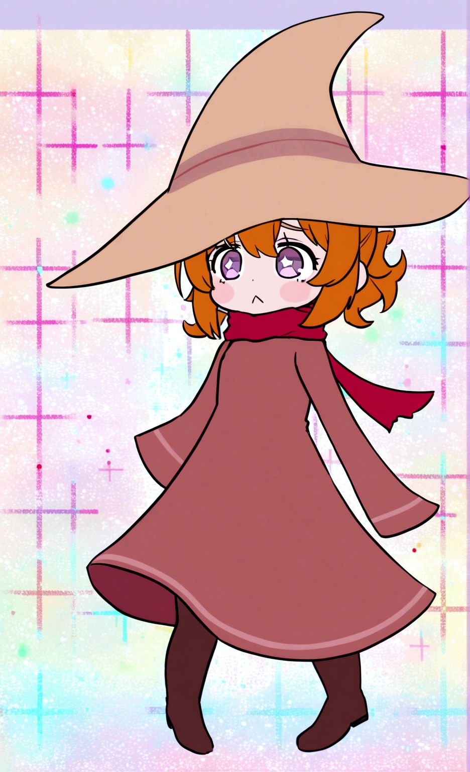 Little girl, brown robe, ginger hair, ponytail, light brown wizard hat, red scarf, pink cheeks, purple starry eyes, dark brown boots