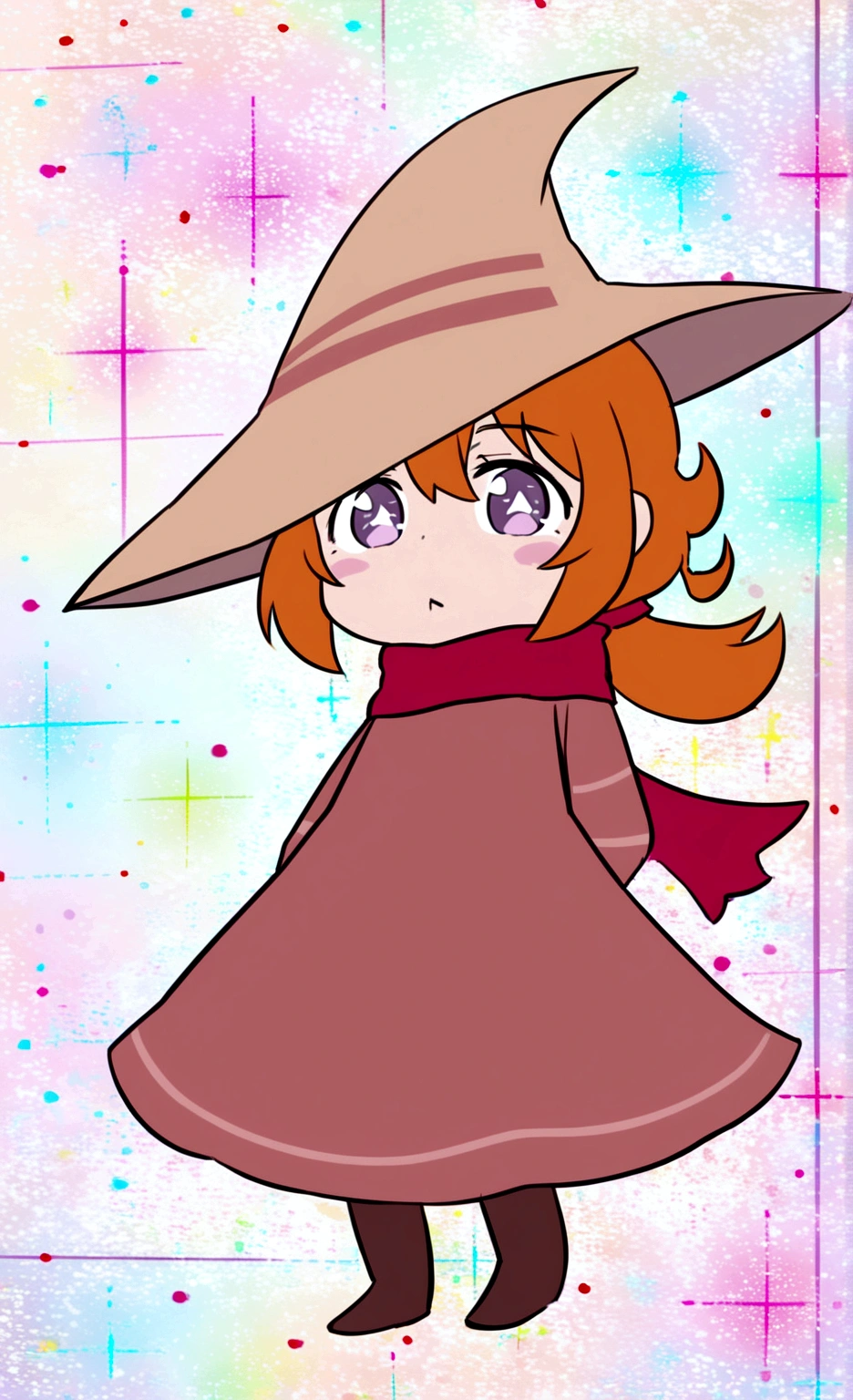 Little girl, brown robe, ginger hair, ponytail, light brown wizard hat, red scarf, pink cheeks, purple starry eyes, dark brown boots