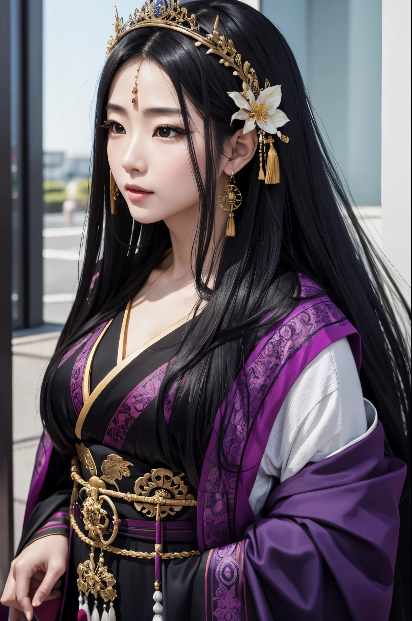 (8K,Photorealistic to be born写真 Highest quality;1.4) Mature Japanese Goddess,so beautiful(A vivid face) ,(Long black hair),清楚なQueen,Gorgeous black and purple Japanese goddess'Traditional costume of the month,Engage your audience,Beautiful expression,Queenのメイクアップ,(Queen),charm,Small breasts,Golden decoration,筋肉質の細い身体のマッチョなQueen,Gorgeous hair ornament,Holding a folding fan,kimono,Black and purple 月のkimono,非常にSmall breasts,Red eyeshadow,Ultra-high resolution,Surreal,Attention to detail,Rich colors, Backlight, Cinema Lighting, Film Grain, to be born, 50mm lens, Nikon D850,smile,Ultra-realistic,Highest qualityのフォトリアリスティックなRAW写真。Bright colors,Image of a perfect woman,Fantasy art,Character Art,background,A room in a large mansion,Extremely stiff abs,Muscular Beauty,Flower Hair Ornaments,Hairpin,Moon and bamboo grove,Moon Pattern,Golden Eyes,