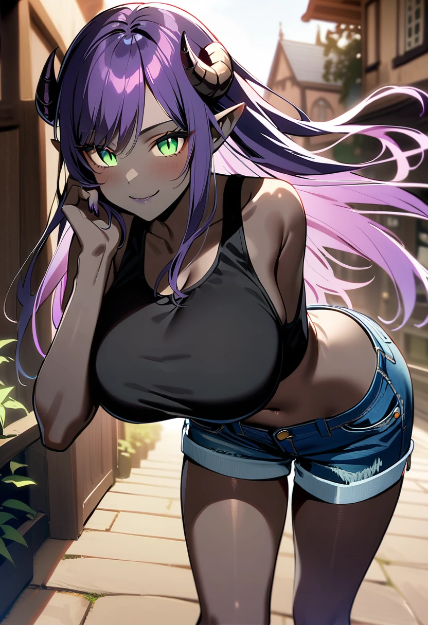 masterpiece, best quality, extremely detailed, 1girl, (milf:1.2), solo, (dark skin, black skin:2.1), (huge breasts:1.3), large saggy breast, ((((purple hair), long hair, green eyes, slit pupils, pointy ears, demon horns))), parted lips, (((tanktop, denim shorts))), ((naughty smile), closed mouth), ((hand on own face, outdoor, castle))