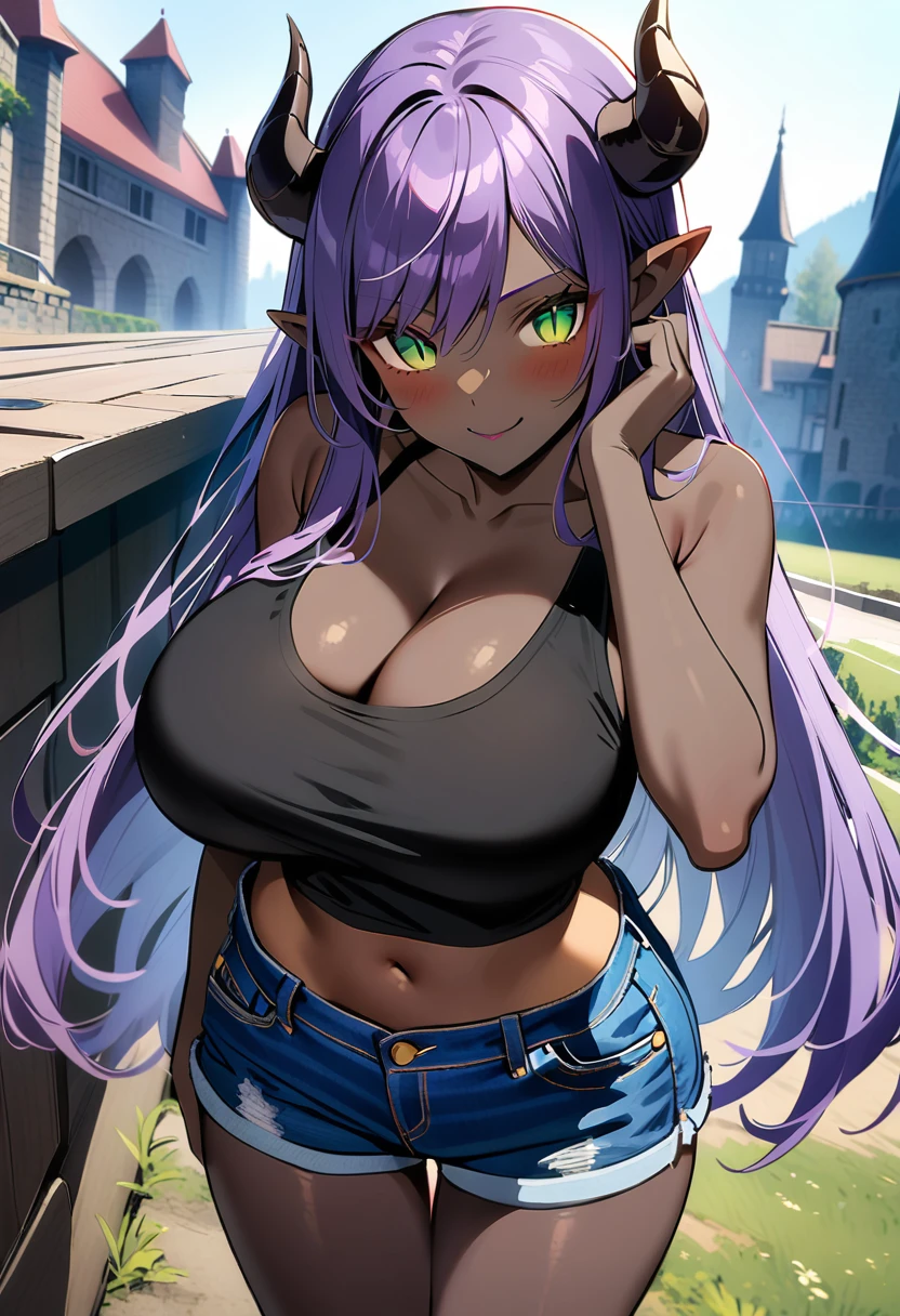 masterpiece, best quality, extremely detailed, 1girl, (milf:1.2), solo, (dark skin, black skin:2.1), (huge breasts:1.3), large saggy breast, ((((purple hair), long hair, green eyes, slit pupils, pointy ears, demon horns))), parted lips, (((tanktop, denim shorts))), ((naughty smile), closed mouth), ((hand on own face, outdoor, castle))