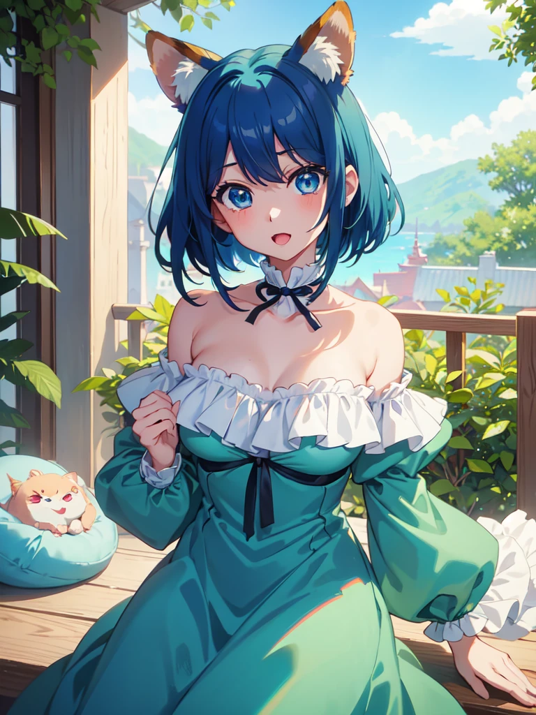 masterpiece、Very detailed、(1 girl)、Blue-green hair、Plain Dress、Chest、breast enhancement、Big eyes、Close-up、Laughter、8K、short hair、Red Panda Ears、(((Anime Style)))、Bright Eyes、Blue Eyes、Open your mouth