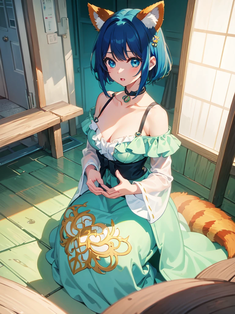 masterpiece、Very detailed、(1 girl)、Blue-green hair、Plain Dress、Chest、breast enhancement、Big eyes、Close-up、Laughter、8K、short hair、Red Panda Ears、(((Anime Style)))、Bright Eyes、Blue Eyes、Open your mouth