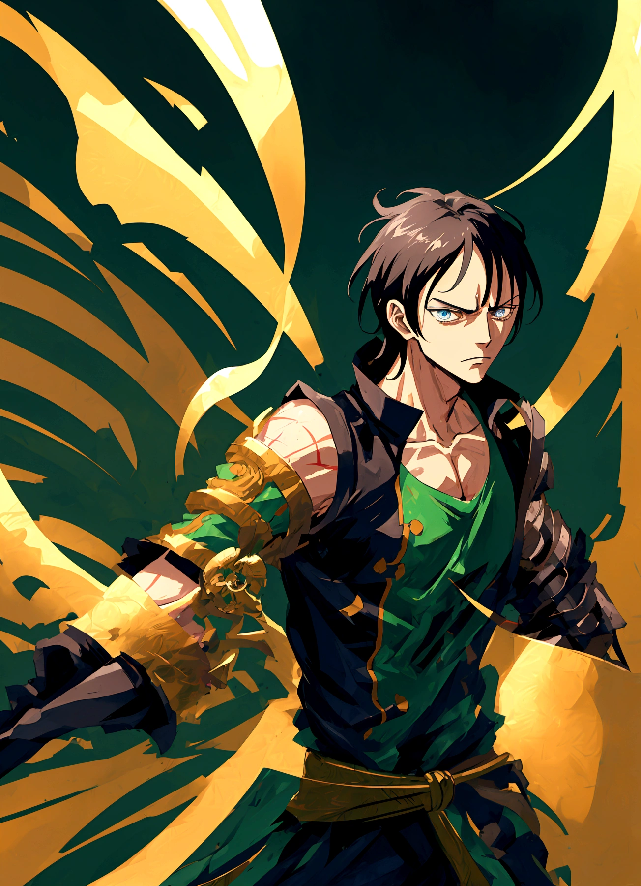a skilled swordsman in the anime series one piece, zoro roronoa, highly detailed portrait, masterful bokeh, dramatic lighting, digital art, vivid colors, cinematic, photorealistic, intricate details, realistic facial features, deep penetrating gaze, intense and determined expression, muscular build, samurai armor, three swords, dynamic pose