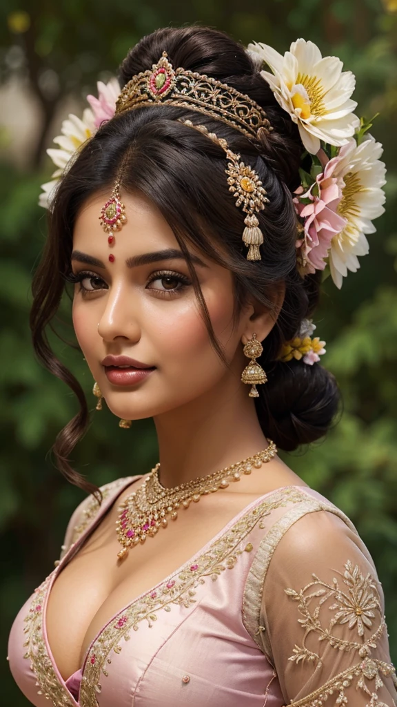 Outdoor image of 18 years in school school photo in school masterpiece, (photorealistic:1.7), best quality, beautiful lighting, Eleanor Latino Woman 20yo Old Big Breasts Plus Size Model random colour beautiful eyes extremely( hair Bun)long extreme curly hair Lifts wearing Indian flowers ethnic elegance princess transparent salwar kameez. Flowers on hair (Persian princess)),off shoulder ,bra, big wearing flower tiara on the head,from top view, selfie, extreme close up photo of curvy Latina indian, hourglass figure, swooping breasts, sexy armpits, seducing on mountains, French braid hair, necklace, sultry, winking at viewer annoyingly, teal pink lace bra and saree, night, (cinematic:1.3), intricate details, (Art Station:1.2),Tamil pretty girl, ultra realistic human skin (hair bun)