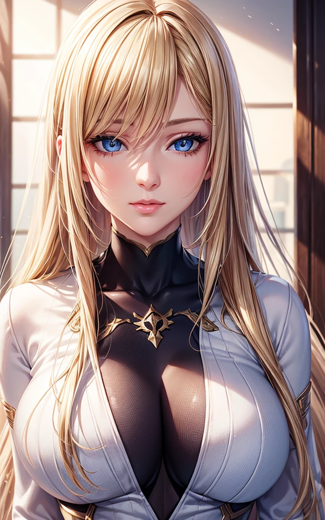 portrait, realistic, elegant woman, bodysuit, blue eyes, blonde hair, 4k resolution, beautiful cg, soft light