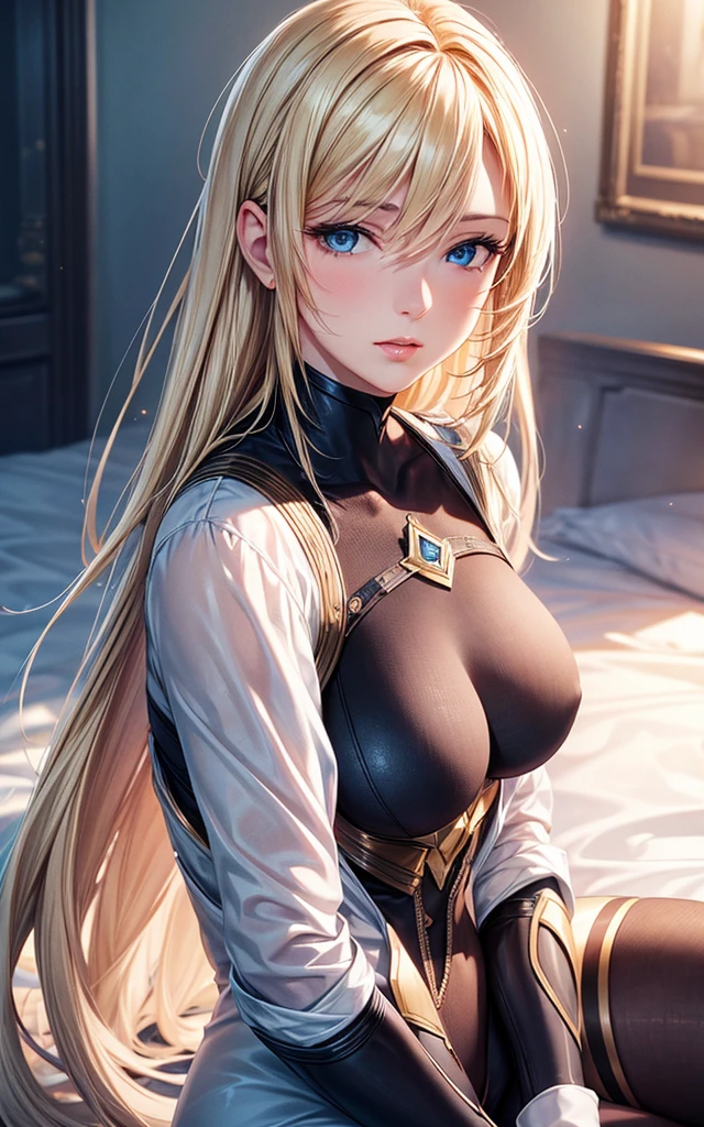 portrait, realistic, elegant woman, bodysuit, blue eyes, blonde hair, 4k resolution, beautiful cg, soft light