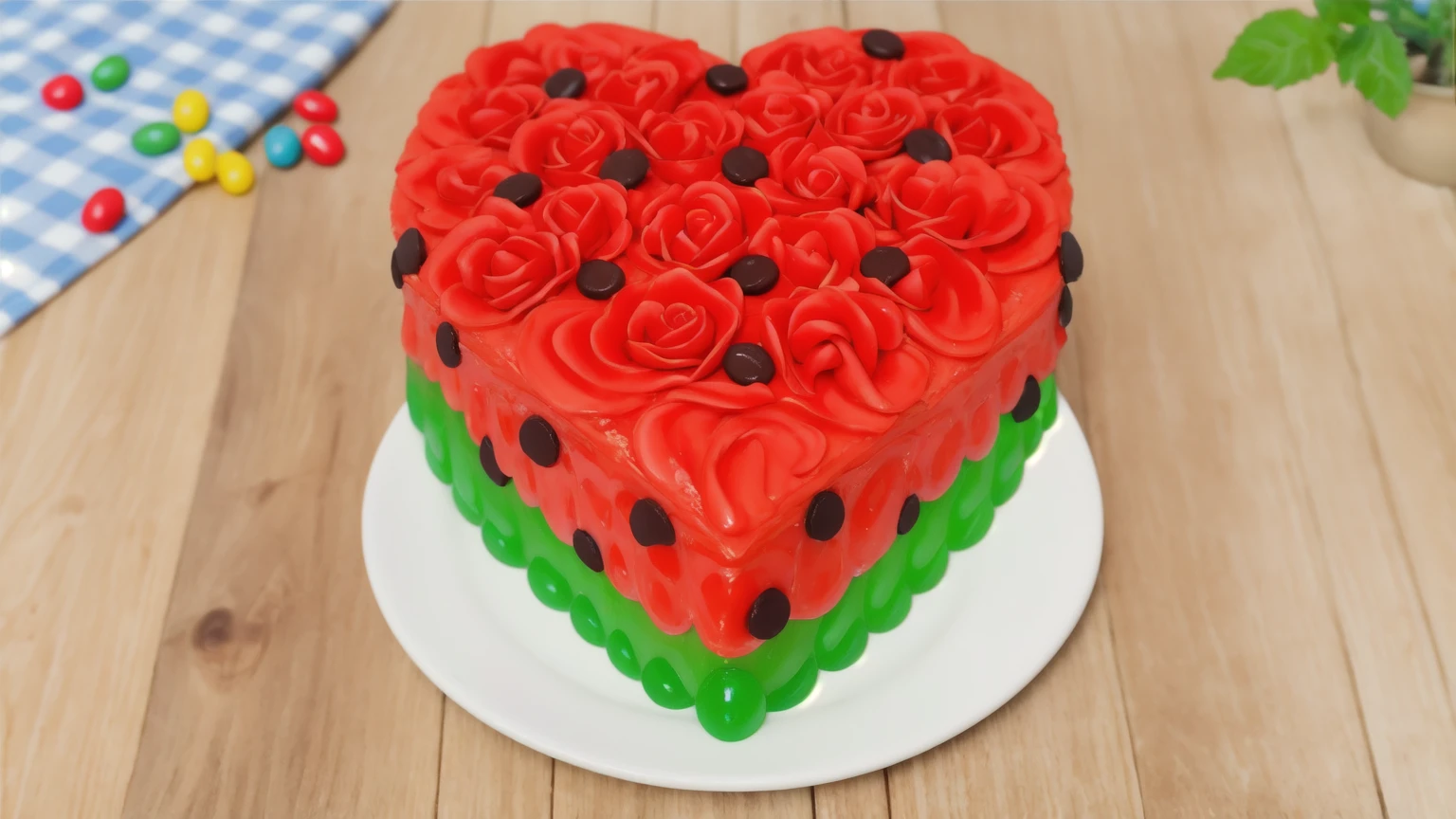 on a wooden table, there is a heart-shaped cake on a white plate,. red and green cream cake. there is a blue checkered tablecloth on the table next to it, scattered rainbow jelly beans, chamomile lies, Multiple light sources, bright lighting, Realistic style , realistic texture, detailed texture, A high resolution, high quality, macro photo, ultra hd 4k quality.
