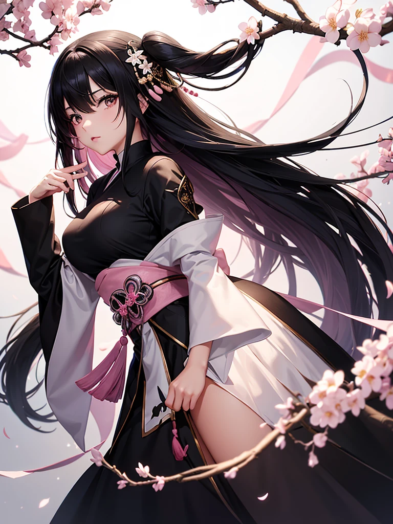best quality, character design sheet, adult woman、No hat on, Black and pink hair, whole body, Head to Toe, Fortuneteller、Standing facing forward, Beautiful black dress, long Black Hair, Pure white background, from front, best quality, Cherry blossom pattern、Japanese、Adult Japanese、Clear eyes、Standing facing forward、The face is facing forward、holding a magic card in hand、White background、Black western dress、Neutral face、Black hair with pink inner color