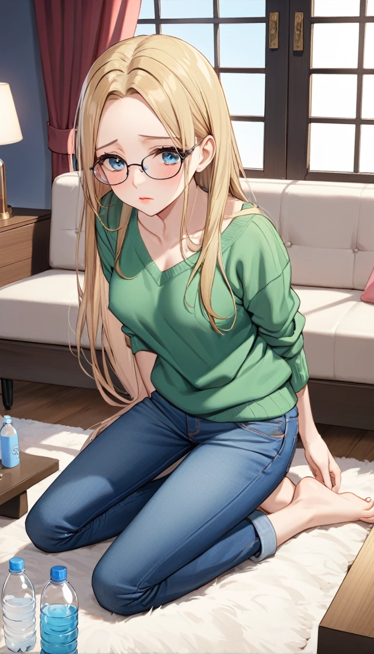 ((best quality, masterpiece:1.3, 8K)), (detailed), highly detailed face and skin texture, detailed eyes, living room, window, empty water bottles, full body, (slender body:1.1), 1girl, 25 years old, white skin, blue eyes, reading glasses, bright lips, worried, embarrassed, blonde hair, straight hair, long hair, (forehead:1.0), green sweater, hard nipples, jeans pants, skinny jeans, blue jeans, barefoot, (desperation:1.5, holding crotch:1.2),