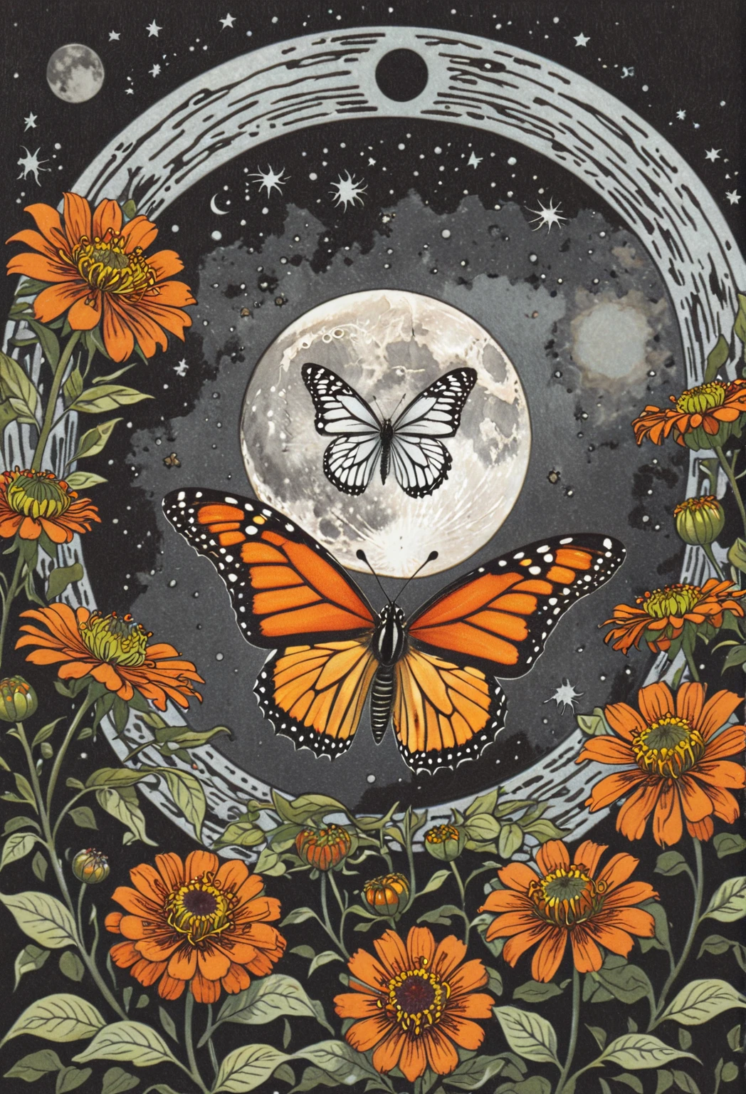 symmetric, balanced, monarch butterfly at the center of the moon surrounded by a frame of zinnia flowers, dark amber and gray colors, ephemeral patterns, witchcore aesthetics, cloisonnism, eleanor vere boyle, Ivan Bilibin Style page, lks73zb1, Inkdrawing, by Kr355e