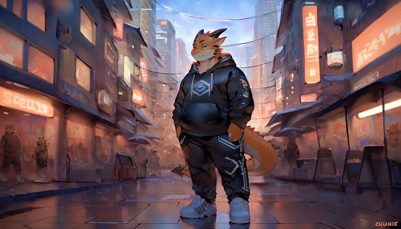 Dragon,solo, male, adult,yaoi, doujin, furry, anthro, fat, chubby, plump, cyberpunk fashion style, wearing black Hoodie, Long trousers, sneakers, long shot, background, In the middle of the city, Modern era, three point perspective, character art style by quanjiang, by chunie, masterpiece,4k hd