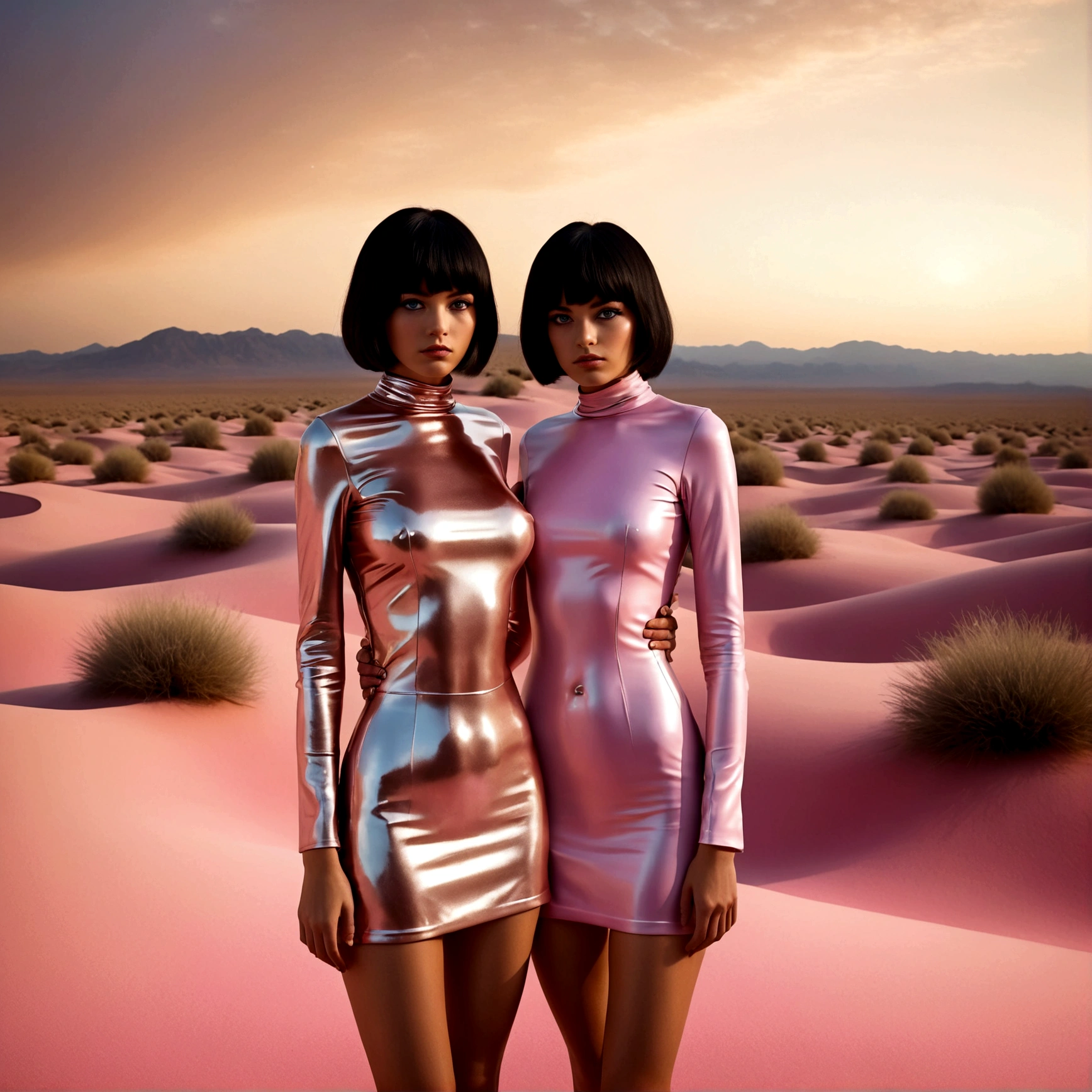A captivating digital painting of a luminous landscape, in which flowers have been carefully shaped into the shape of eyes and exude a surreal and haunting beauty. Im Zentrum der Szene steht a modern couple with pretty faces in colorful, totally unusual rubber hostess uniforms, in a model pose in a desert with glittery pink sand and glittery stardust, Ultra-modern. It perfectly captures the aesthetics of the 1970s. The atmosphere of the image is retro and uniqueThe combination of beauty and darkness creates an atmosphere of unrest and fascination with a touch of eeriness and mystery. Dieses eindrucksvolle Bild ist eine Mischung aus photoshotgrafie, Film and 3D rendering and shows the intricate details of the glittering fur, reflects the light in the style of post-apocalyptic futurism., photoshot
