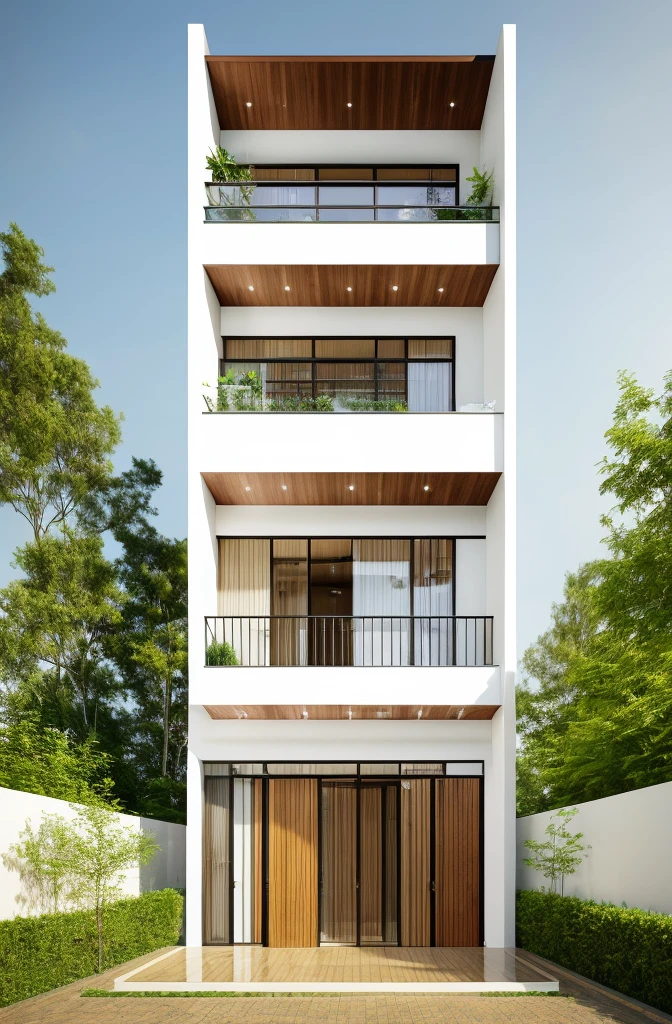 townhouse with bancony, white wall, glass rail, window, mental gate, ( realistic photo)