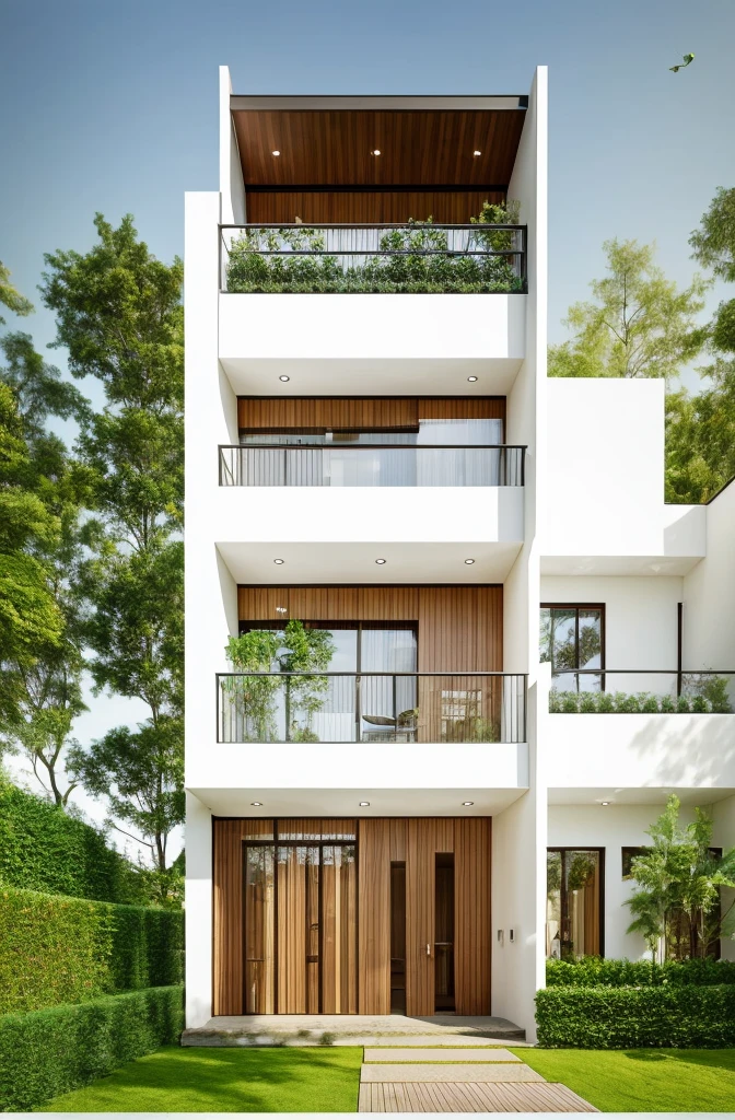 townhouse with bancony, white wall, glass rail, window, mental gate, ( realistic photo)
