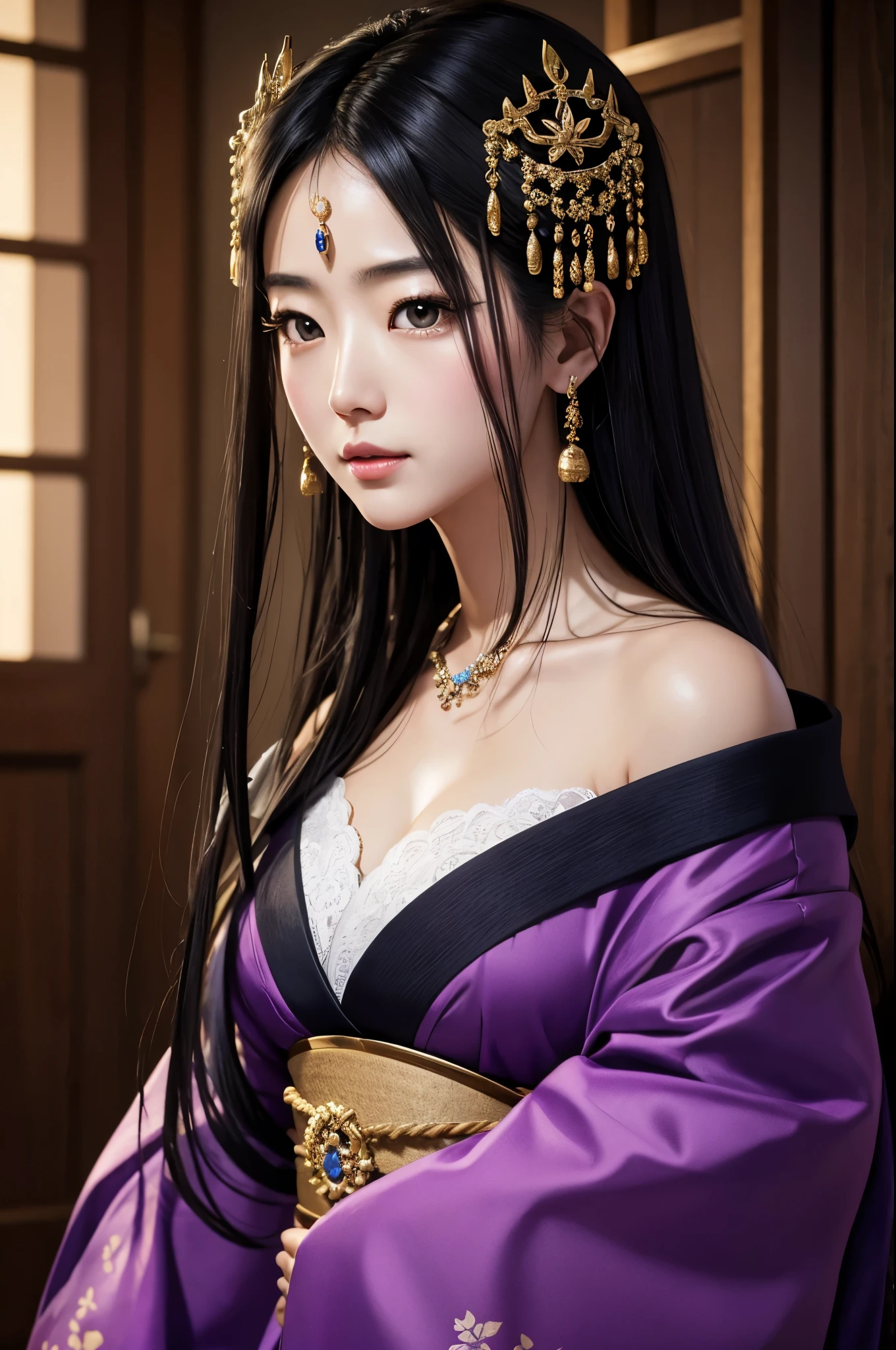 (8K,Photorealistic　to be born写真　Highest quality;1.4) Mature Japanese Goddess,so beautiful(A vivid face) ,(Long black hair),清楚なQueen,Gorgeous black and purple Japanese goddess&#39;Traditional costume of the month,Engage your audience,Beautiful expression,Moist black eyes,Queenのメイクアップ,(Queen),charm,Small breasts,Golden decoration,筋肉質の細い身体のマッチョなQueen,Gorgeous hair ornament,Holding a folding fan,kimono,Black and purple 月のkimono,非常にSmall breasts,Red eyeshadow,Ultra-high resolution,Surreal,Attention to detail,Rich colors, Backlight, Cinema Lighting, Film Grain, to be born, 50mm lens, Nikon D850,smile,Ultra-realistic,Highest qualityのフォトリアリスティックなRAW写真。Bright colors,Image of a perfect woman,Fantasy art,Character Art,background,A room in a large mansion,Extremely stiff abs,Muscular Beauty,Flower Hair Ornaments,Hairpin,